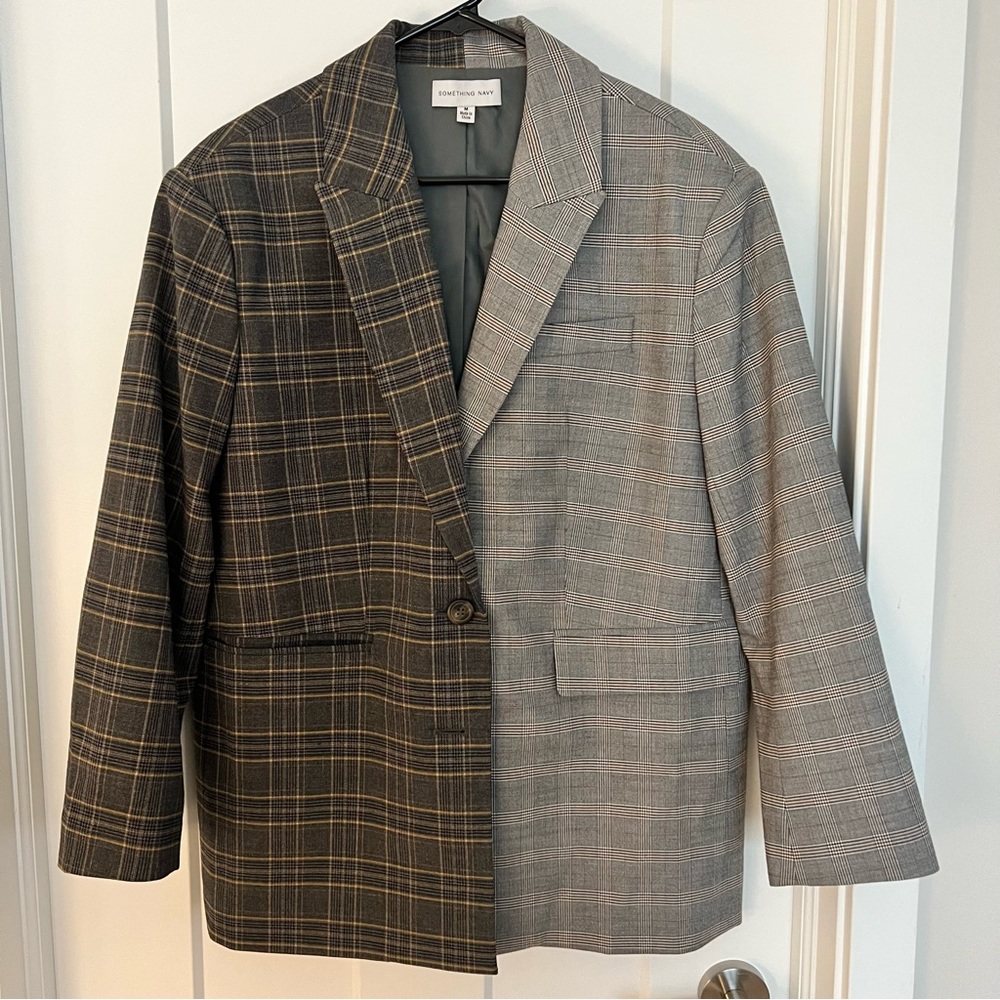 Something navy contrast fabric plaid blazer grey size medium